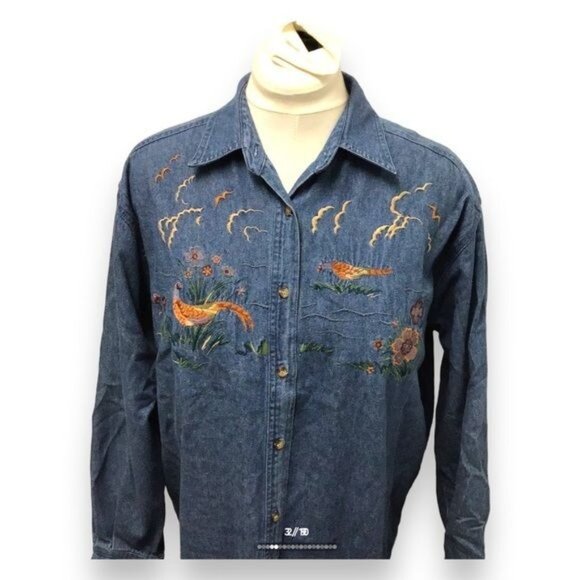 Bushwacker Vintage Women’s Long Sleeve Button Down Denim Embroidered Shirt - Picture 2 of 9